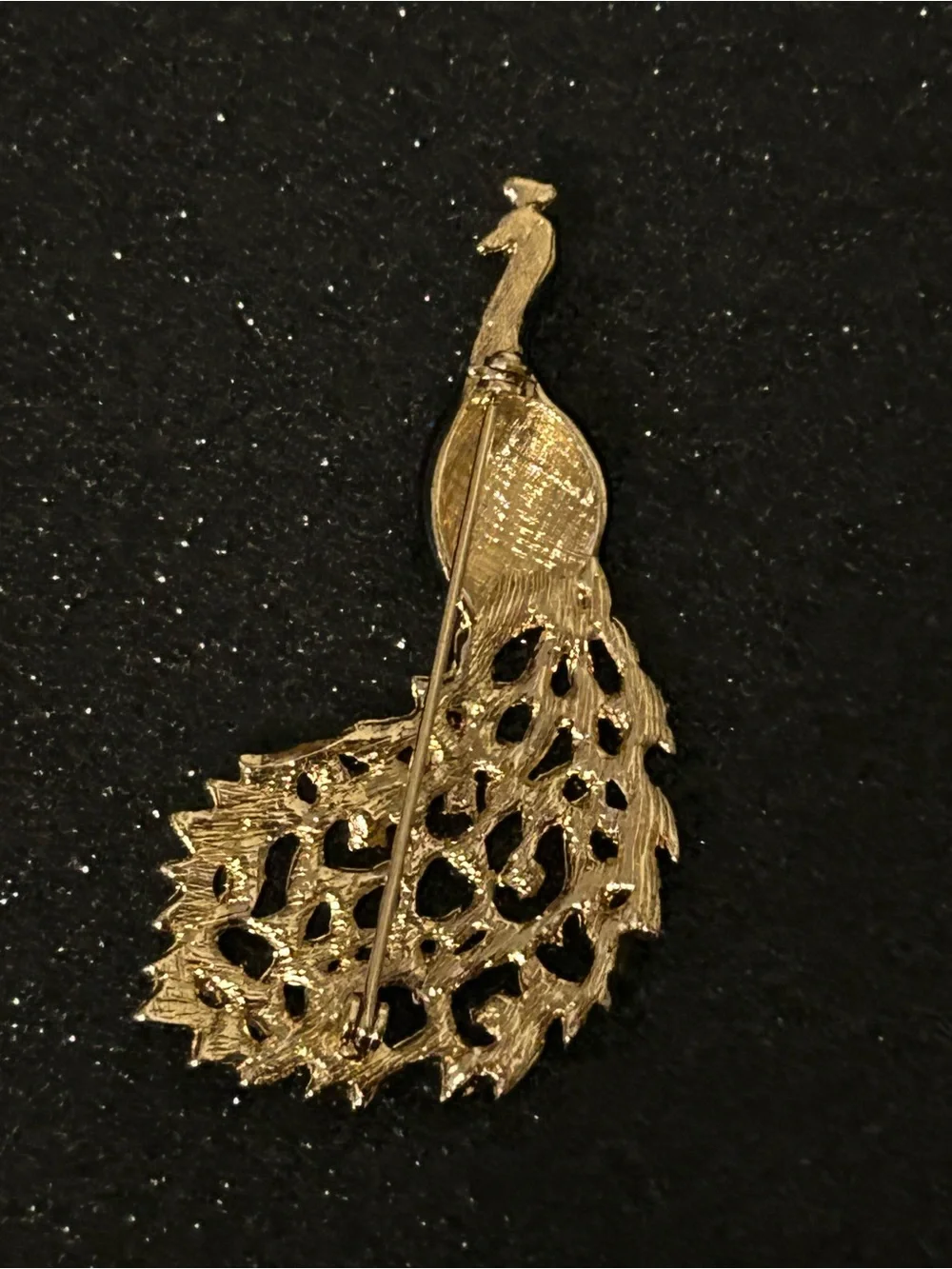 Vintage Peacock Animal Black Enamel Gold And Clear Rhinestone Brooch Pin